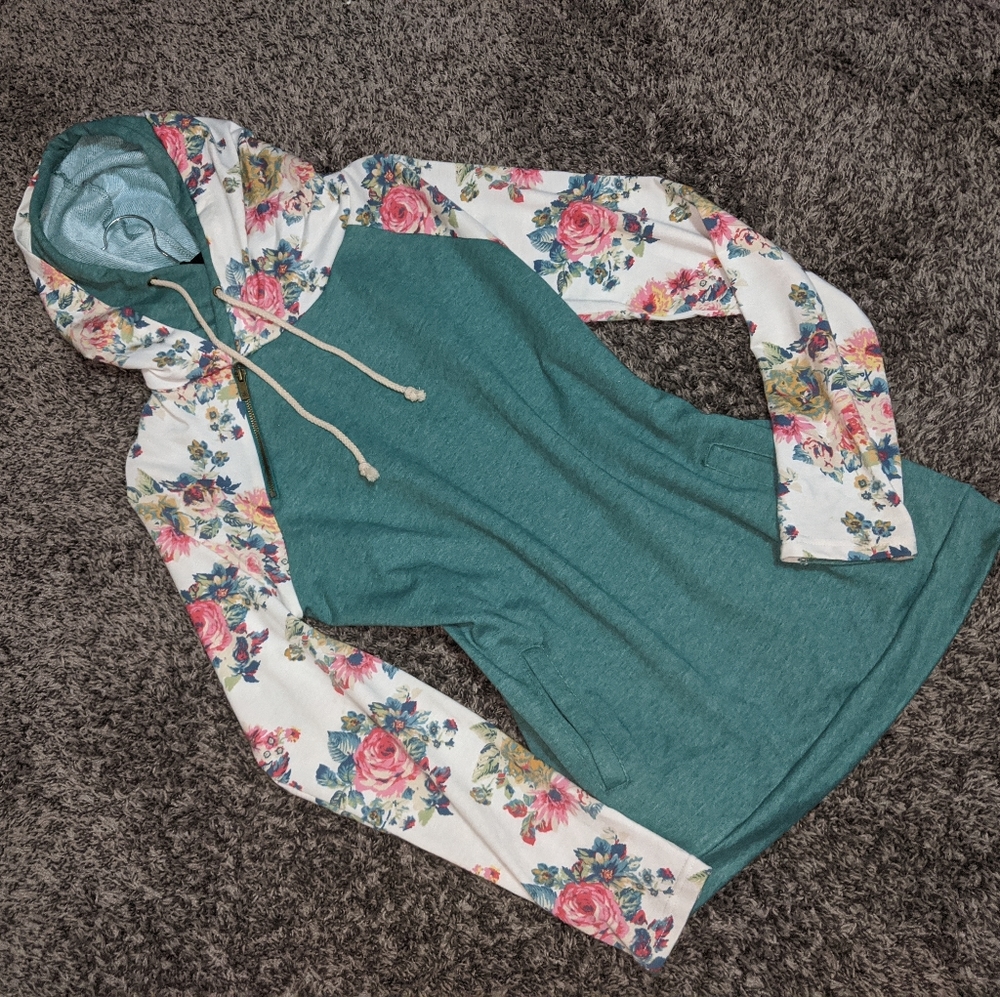 XL Floral & Teal Ampersand Ave Double Hoodie